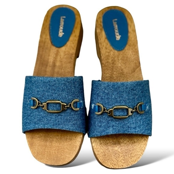 Larroude Zuzi Slip On Studded Embellished Platform Denim Sandals Clogs Size 8 - Picture 6 of 7